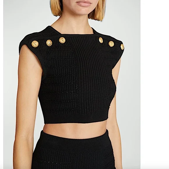 Balmain 6-Button Pointelle Knit Crop Top